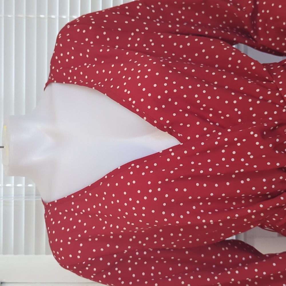 NWOT Uguest Red and White Polka Dot Long Sleeve Wrap Dress with Ruffles Size XL - Picture 2 of 5